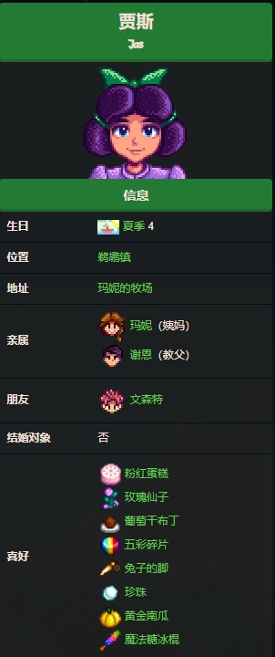 星露谷物语人物喜好贾斯  星露谷物语贾斯人物喜好一览
